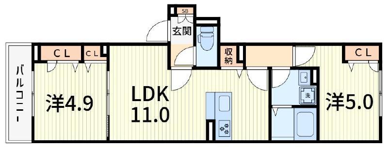 セレスティア柴又VII(2LDK/1階)の間取り写真