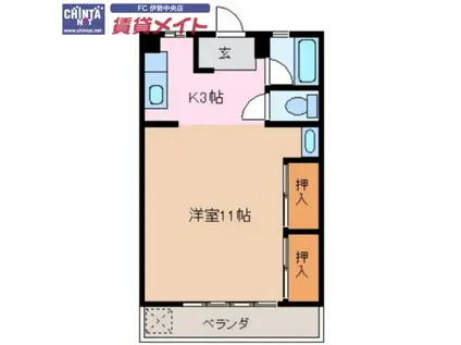 クレアトゥール伊勢志摩(1K/3階)の間取り写真