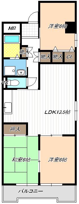 第6グランドハイツ服部(3LDK/4階)の間取り写真