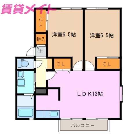ハニーネストA(2LDK/2階)の間取り写真