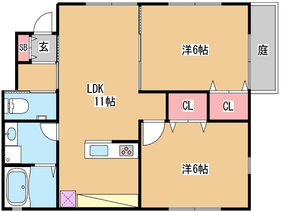 カリン房王寺(2LDK/1階)の間取り写真