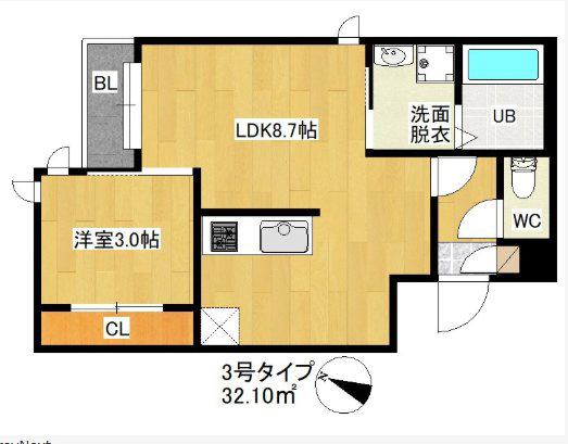 GRANDTIC PERFETTO FUTSUKAICHI(1LDK/2階)の間取り写真