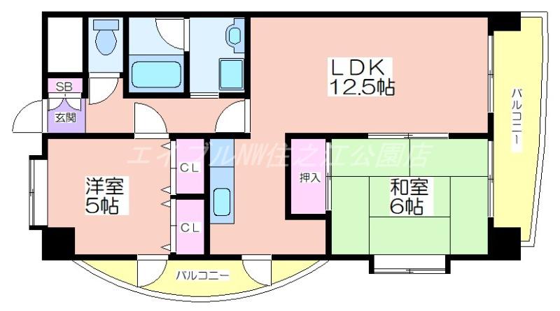 ペガサスⅡ番館住之江(2LDK/4階)の間取り写真