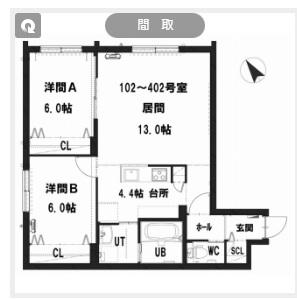 グランメール東札幌 5-5(2LDK/4階)の間取り写真