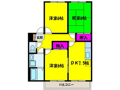 ハピネストA棟(3DK/2階)の間取り写真
