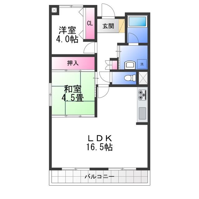 プリムローズ岸和田(2LDK/4階)の間取り写真