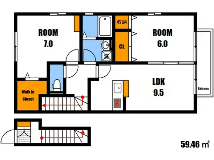 ＪＲ可部線 下祇園駅 徒歩18分 2階建 築20年(2DK/2階)の間取り写真