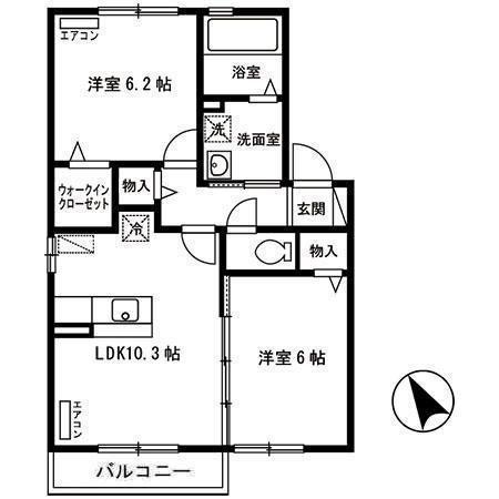 ボヌール・ヒルズ 市名坂 E(2LDK/2階)の間取り写真