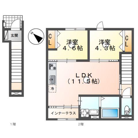 北区熊谷2丁目アパート(2LDK/2階)の間取り写真