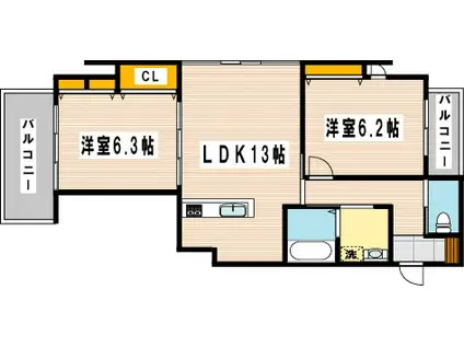 ハビテ下到津(2LDK/2階)の間取り写真