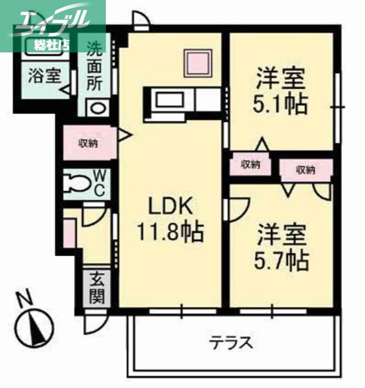 デュナミスA棟(2LDK/1階)の間取り写真