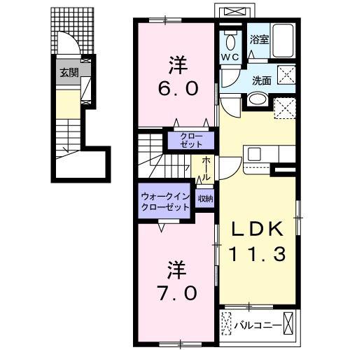 インペリアル榎鶴 B(2LDK/2階)の間取り写真