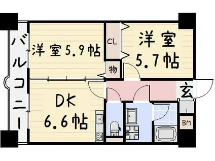 ニューシティアパートメンツ南小倉I(2DK/9階)の間取り写真