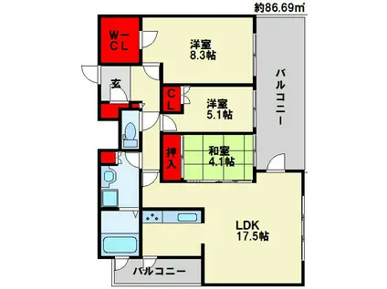 MOJI MID AIR(3LDK/15階)の間取り写真