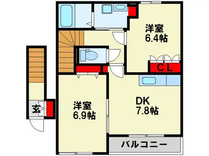 ヴィラージュ新木屋瀬(2DK/2階)の間取り写真