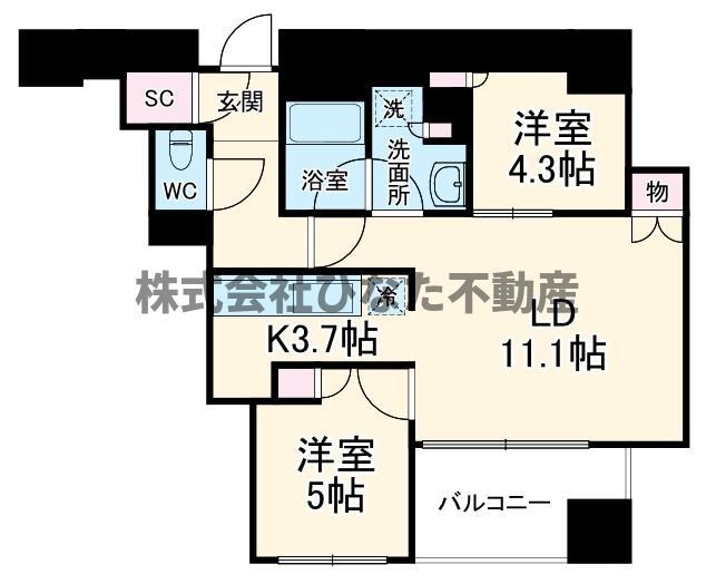 ローレルタワー御堂筋本町(2LDK/27階)の間取り写真