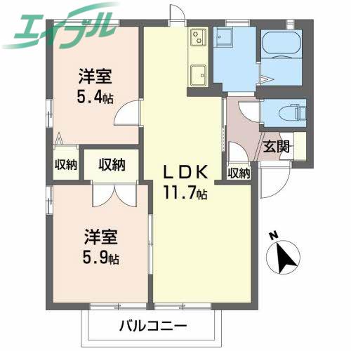 ラ・プランタン B棟(2LDK/2階)の間取り写真