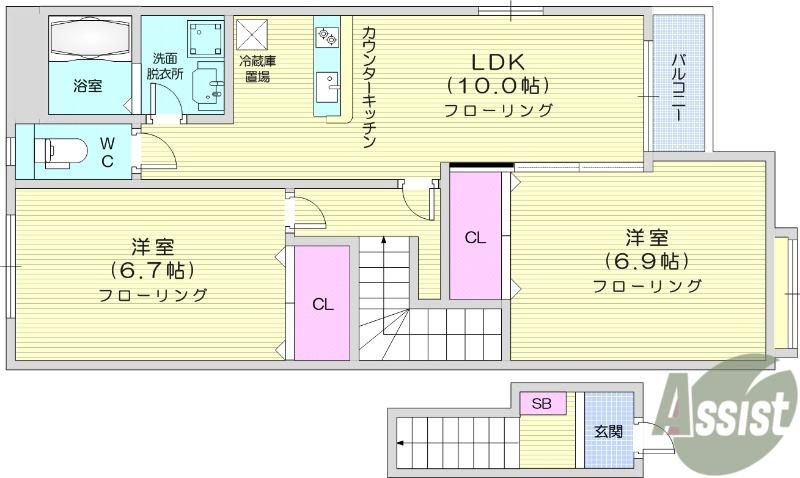 クレスト多賀城(2LDK/2階)の間取り写真