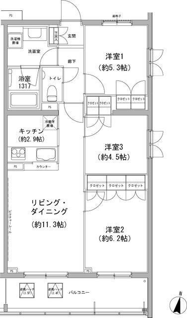 ヒューリックコート雪が谷(3LDK/3階)の間取り写真