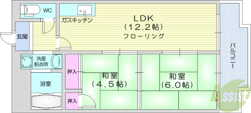 多賀城ロジュマンG棟(2LDK/4階)の間取り写真