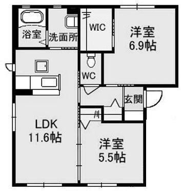 クレセオ森 B棟(2LDK/1階)の間取り写真