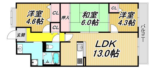 ヴェール園田(3LDK/8階)の間取り写真