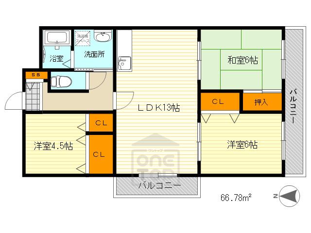 ツインフィールド壱番館(3LDK/3階)の間取り写真