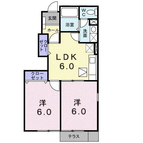 コーストアヴェニューB棟(2DK/1階)の間取り写真