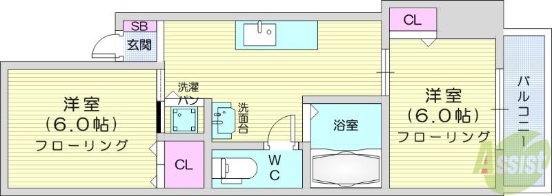 ブラヴール南仙台1(2K/2階)の間取り写真