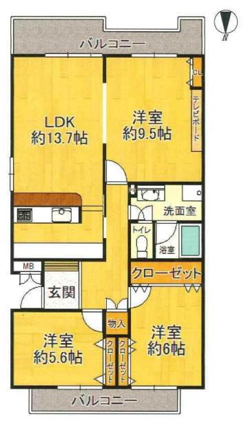 藤沢台第一306棟(3LDK/3階)の間取り写真