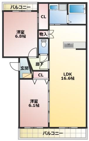 フロレスタハヤシ(2LDK/3階)の間取り写真