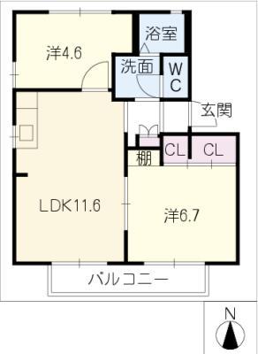 ハイマート本城C棟(2LDK/1階)の間取り写真