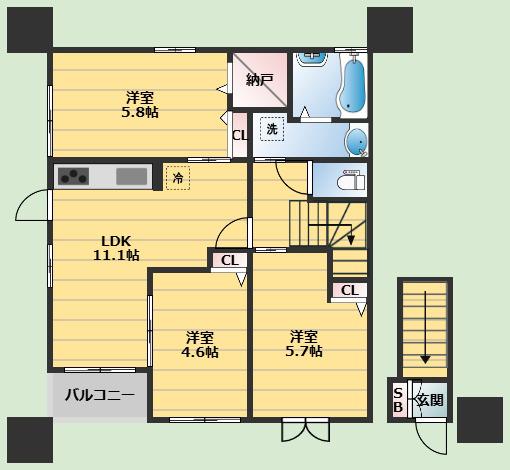 北桜塚レジデンス(3LDK/2階)の間取り写真