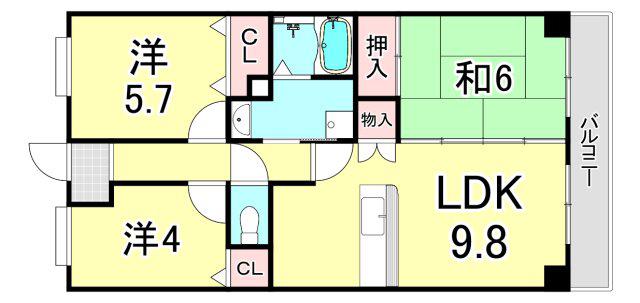 パセオ清荒神(3LDK/3階)の間取り写真