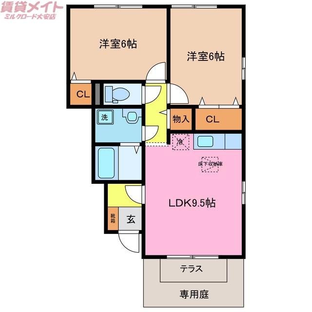 グランモアJ A棟(2DK/1階)の間取り写真