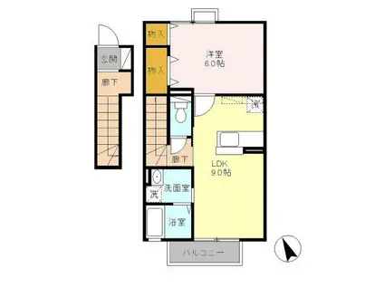 グランモア若草C(1LDK/2階)の間取り写真