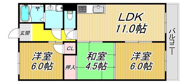 シャトー塚口B棟(3LDK/4階)の間取り写真