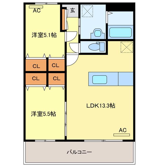 リアン レガーロ大分鶴崎ステーション(2LDK/4階)の間取り写真