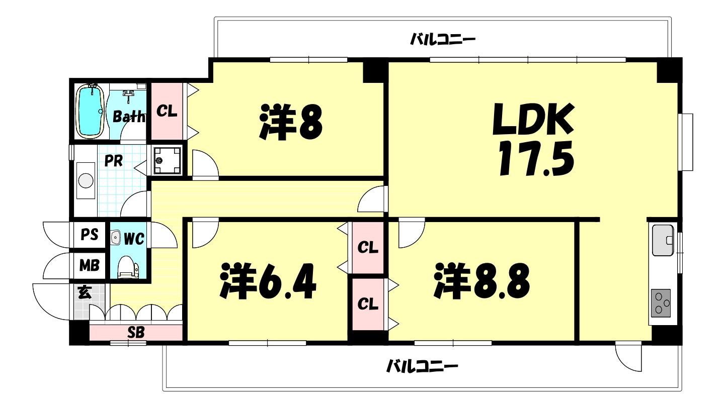 グランドール熊内(3LDK/7階)の間取り写真