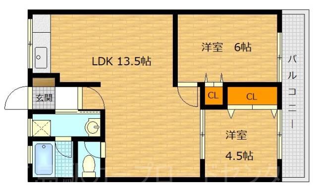 フレシール若草(2LDK/5階)の間取り写真