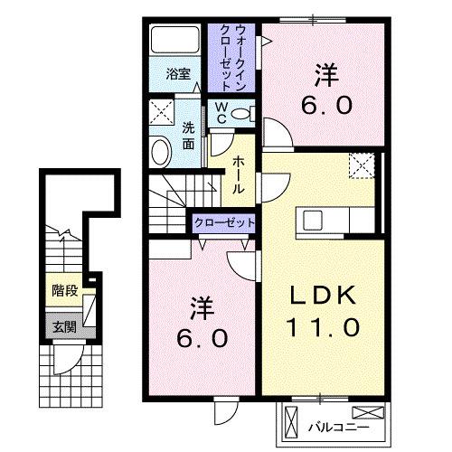 サザンコート B(2LDK/2階)の間取り写真