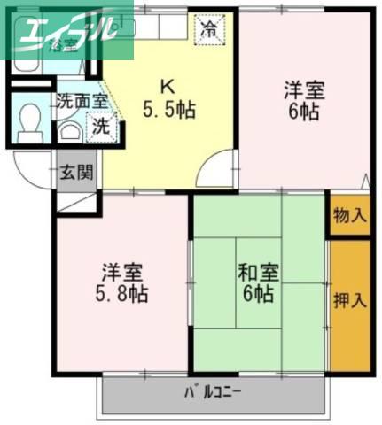 プレジール小野F棟(3K/2階)の間取り写真
