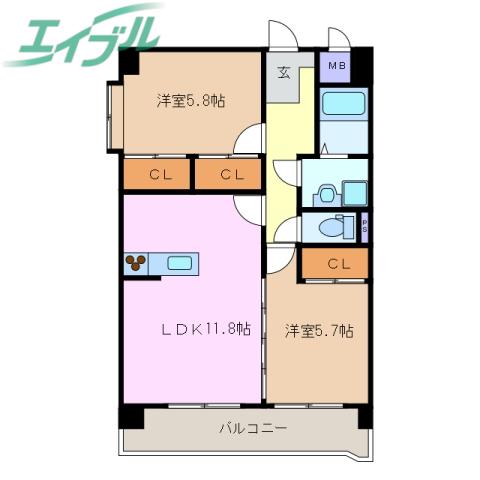 プリリアンスTAKEKOSHI A(2LDK/2階)の間取り写真