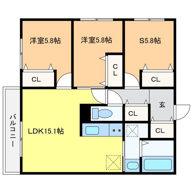 WELLBRIGHT朝日RESIDENCE(3LDK/2階)の間取り写真