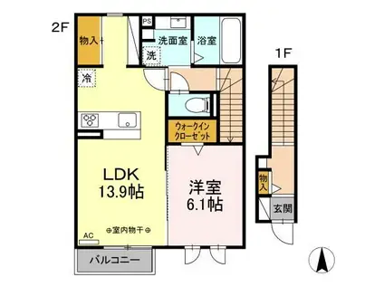 D-ROOM茜部中島 B棟(1LDK/2階)の間取り写真