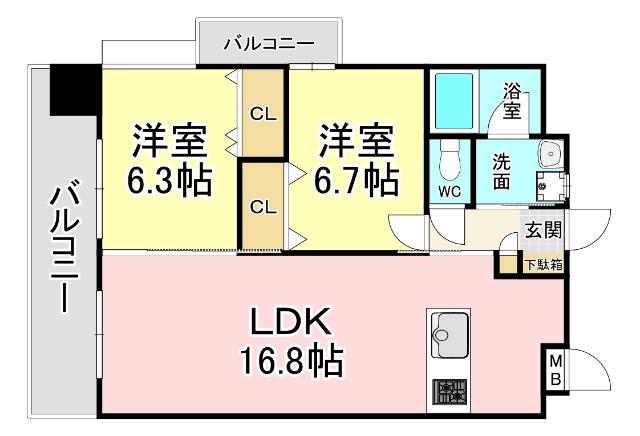 フェルト1021(2LDK/14階)の間取り写真