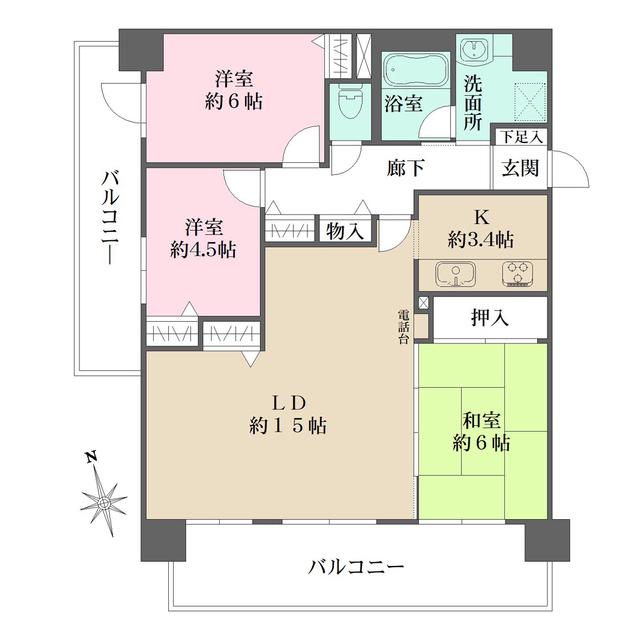 藤和ハイタウン比治山(3LDK/4階)の間取り写真