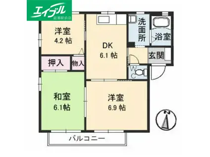 サリーレ太陽II A棟(3DK/1階)の間取り写真