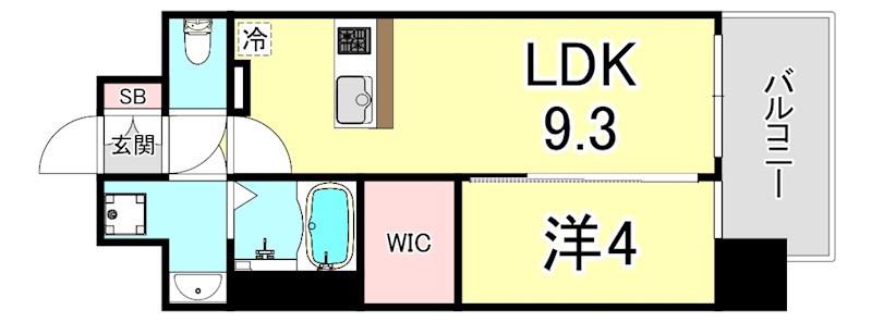 エスライズ神戸三宮山手通1番館(1LDK/9階)の間取り写真