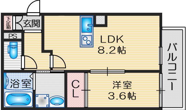 プライムコート豊津(1LDK/2階)の間取り写真